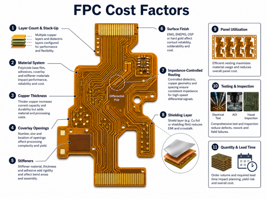 FPC cost factors including layer count, material system, copper thickness, coverlay, stiffeners, surface finish, impedance-controlled routing, shielding, panel utilization, testing, quantity, and lead time