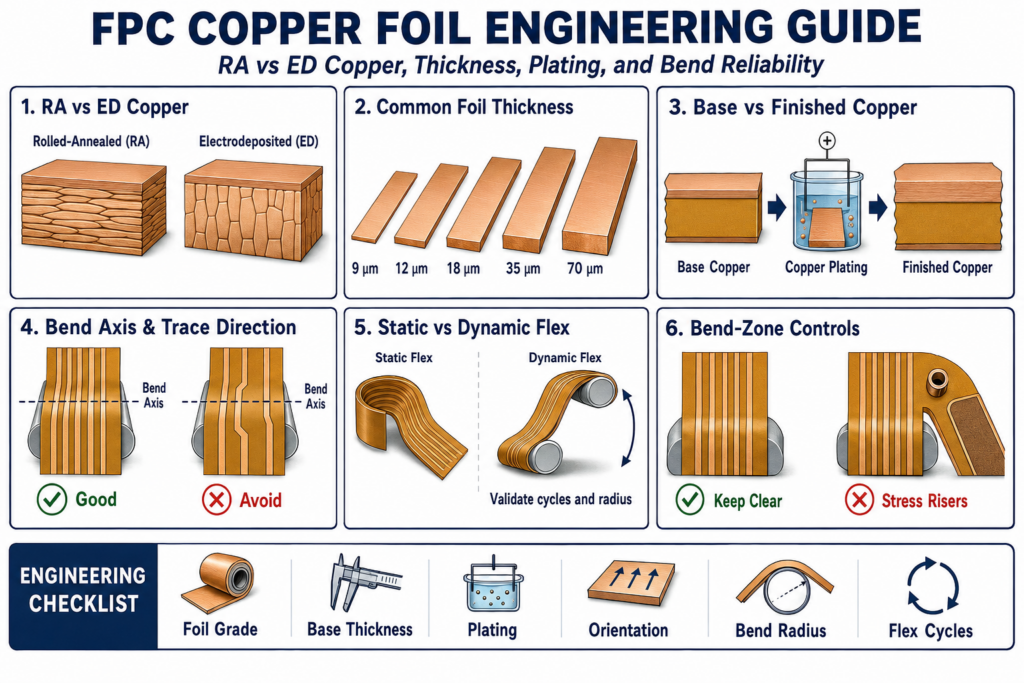 FPC copper foil engineering guide comparing RA and ED copper, foil thickness, plating, bend orientation, and flex reliability