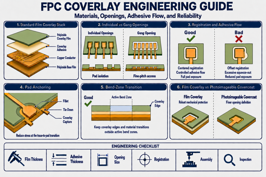 FPC coverlay engineering guide showing film stack, opening design, adhesive flow, pad anchoring, bend-zone transition, and reliability checks