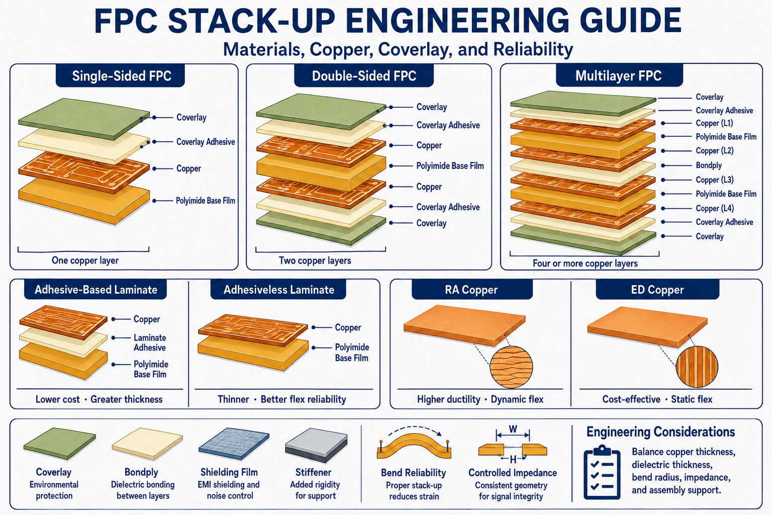 FPC stack-up engineering guide showing single-sided, double-sided, and multilayer FPC constructions