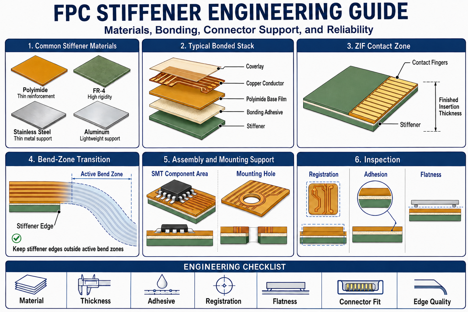 FPC stiffener engineering guide showing stiffener materials, bonded stack, ZIF contact support, bend-zone transition, assembly support, and inspection checks