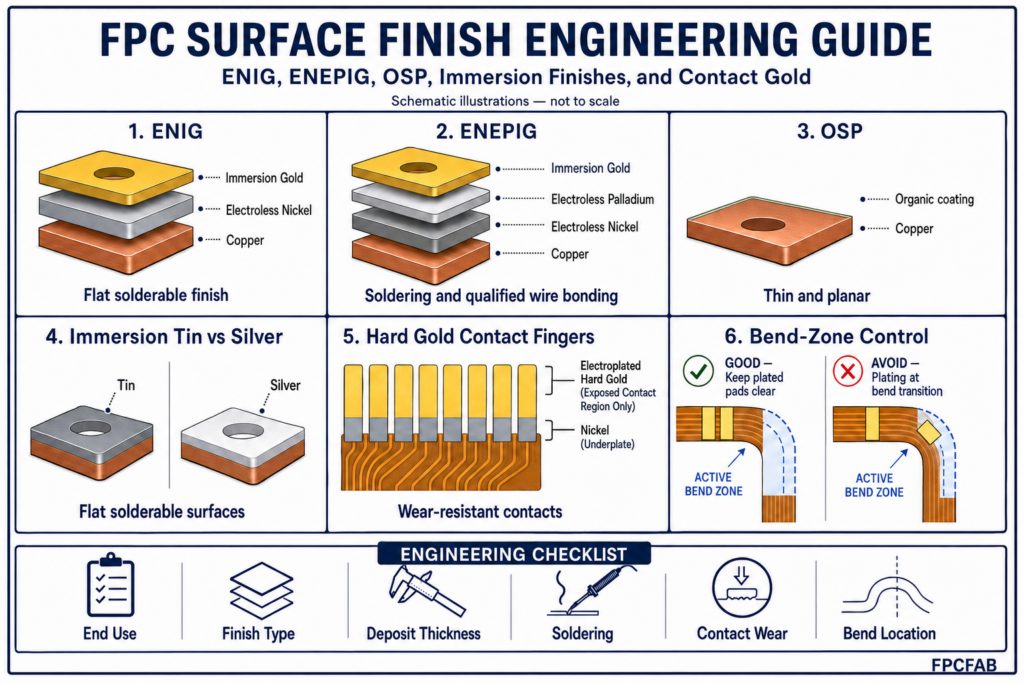 FPC surface finish engineering guide comparing ENIG, ENEPIG, OSP, immersion tin, immersion silver, hard gold, and bend-zone control