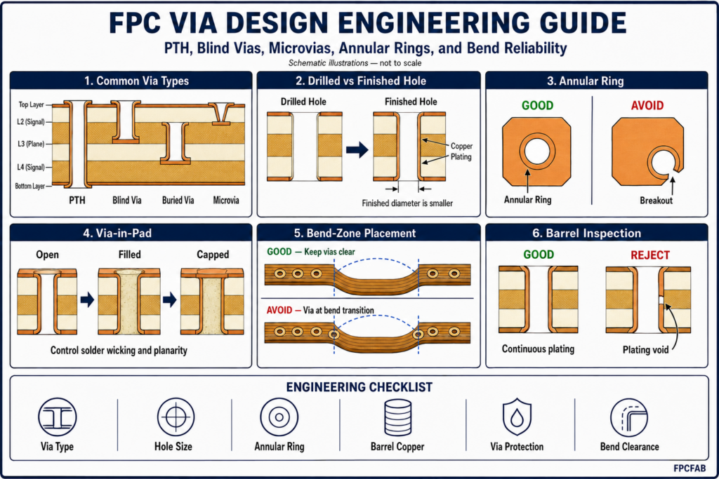 FPC via design engineering guide showing PTH, blind vias, buried vias, microvias, annular rings, via-in-pad, barrel plating, and bend-zone clearance