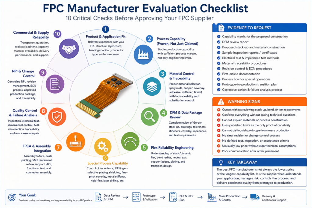 How to choose an FPC manufacturer using a supplier qualification checklist covering process capability, materials, DFM, flex reliability, FPCA, testing, revision control, and supply reliability