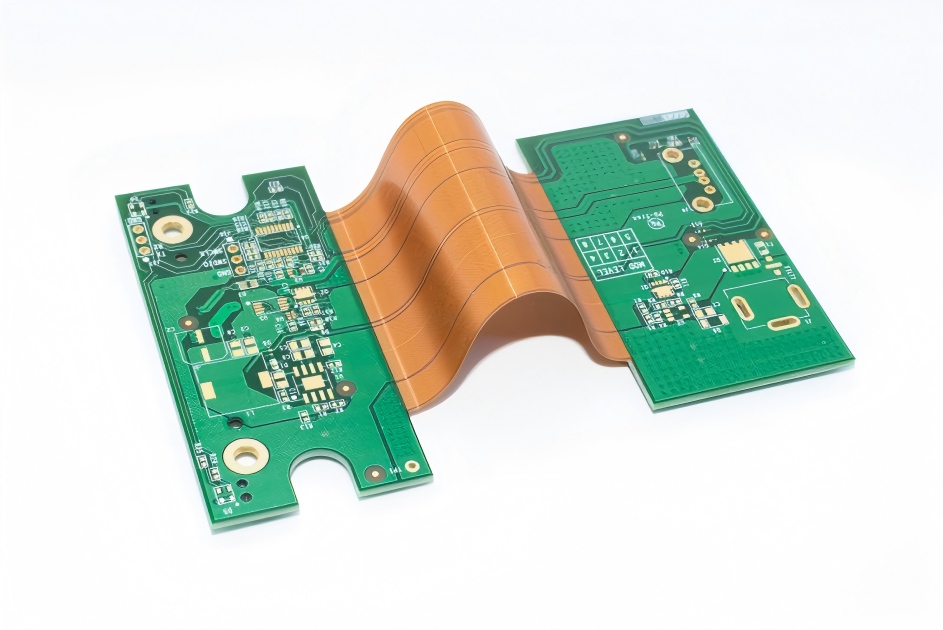 Rigid-flex PCB manufacturing with rigid sections connected by a flexible polyimide circuit