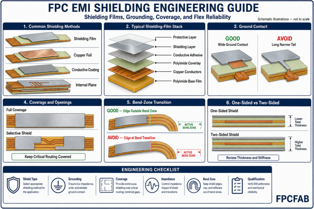 FPC EMI shielding engineering guide showing shielding methods, grounding, coverage, impedance, and bend-zone transitions