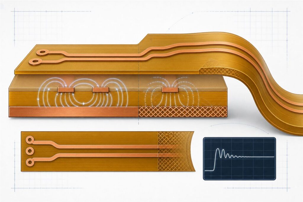 Controlled impedance FPC design with differential traces, polyimide dielectric, coverlay, solid and hatched reference planes