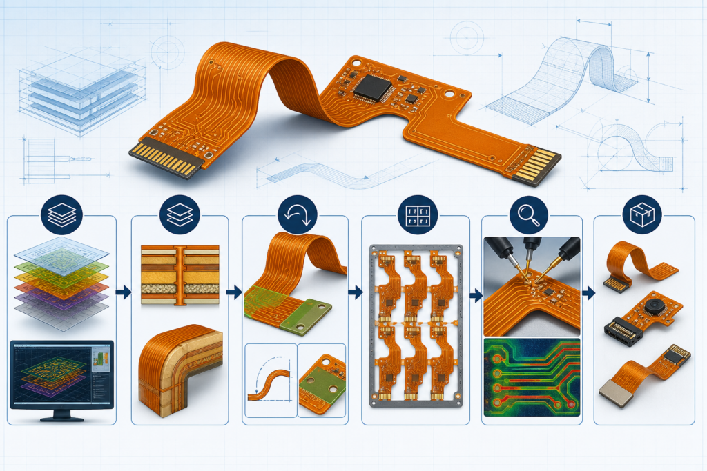 FPC prototype workflow showing data review, stack-up, DFM, fabrication, inspection, and finished samples