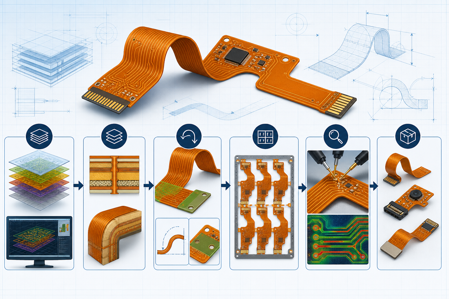 FPC prototype workflow showing data review, stack-up, DFM, fabrication, inspection, and finished samples