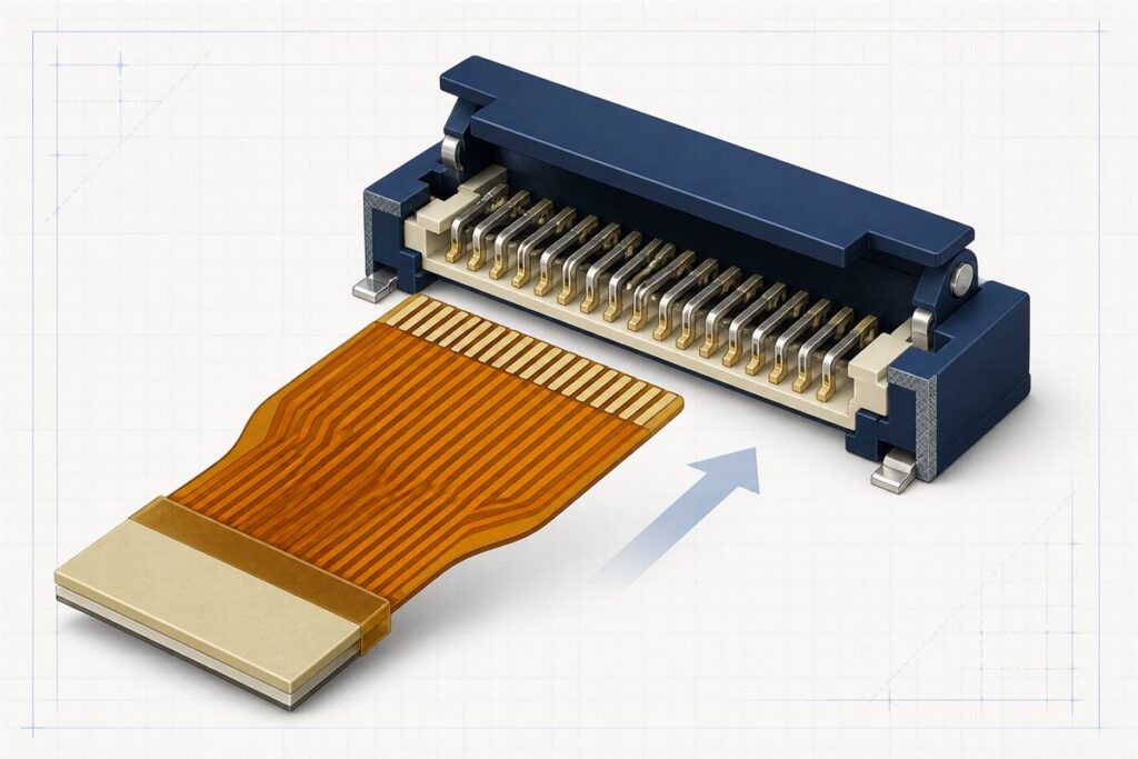 FPC ZIF connector design showing contact fingers, polyimide flex tail, stiffener and insertion direction