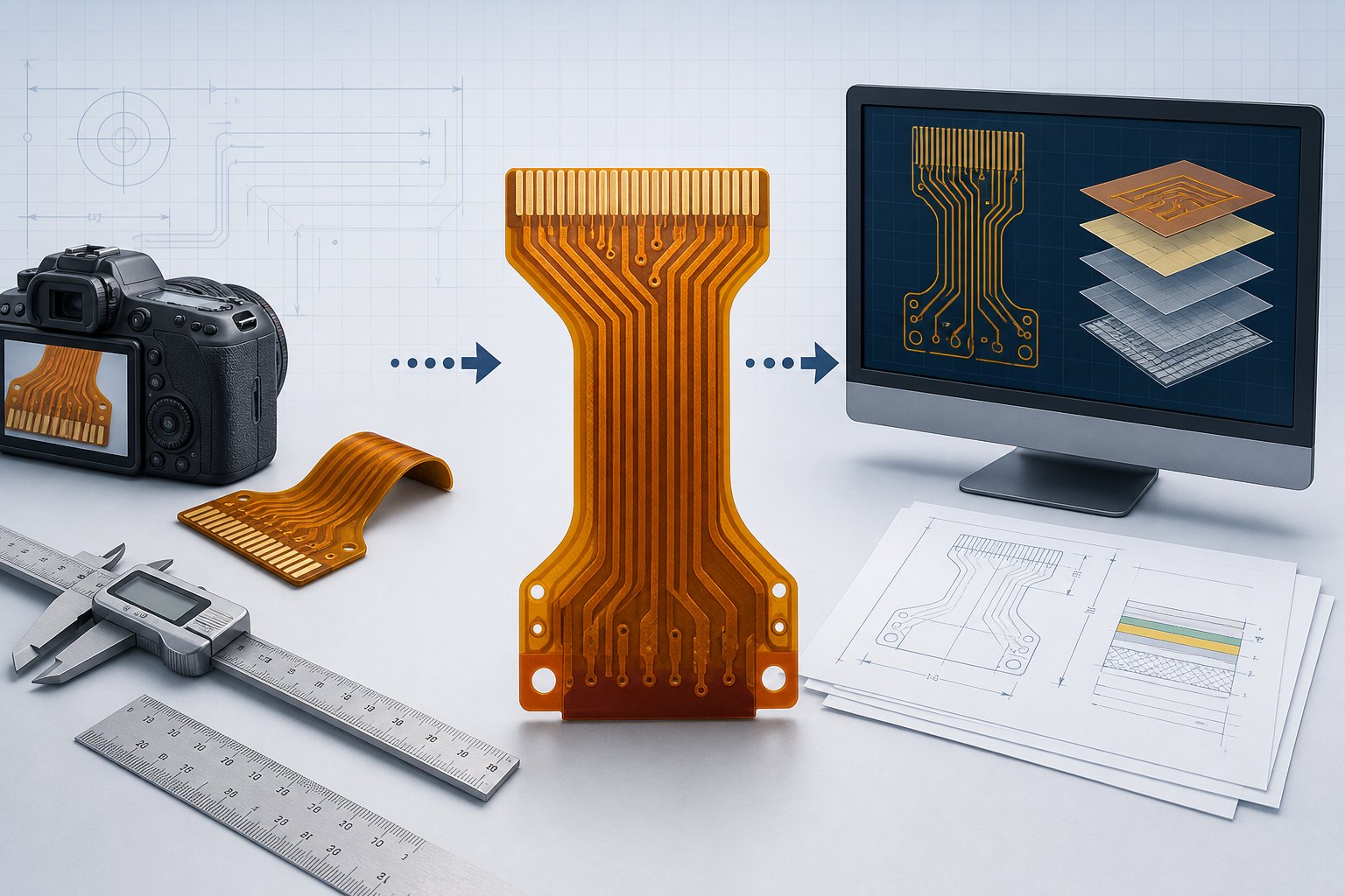 Reproduce FPC without Gerber files using photos, measurements, a sample, and engineering data