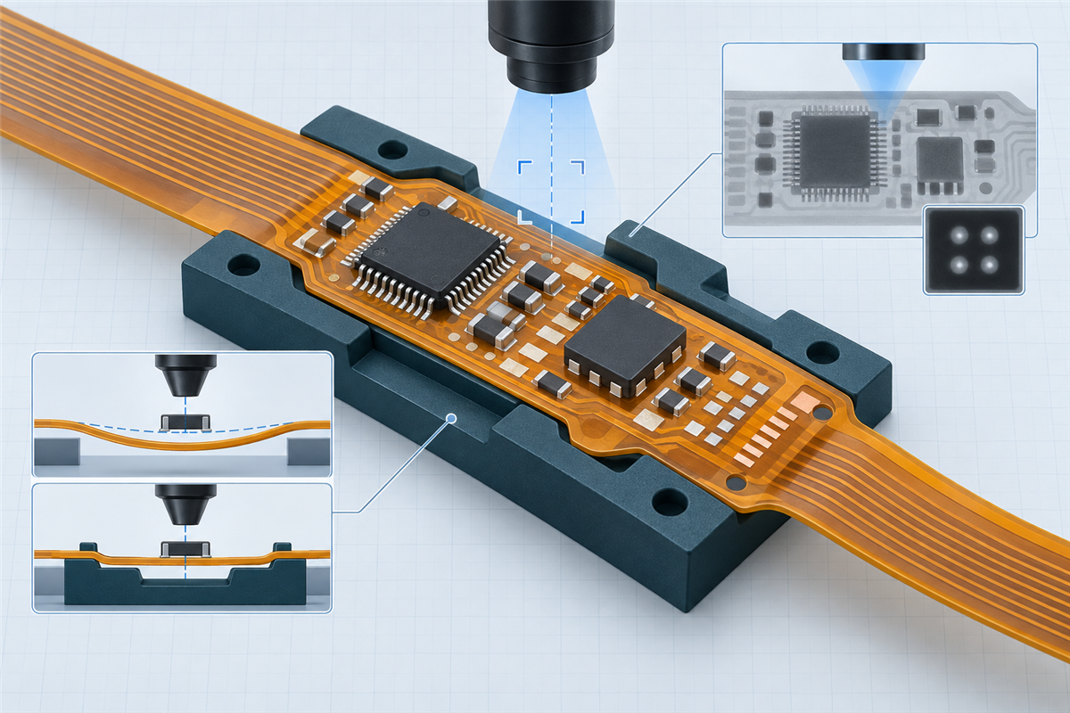 Conceptual fine-pitch FPC assembly showing a supported dense component zone, solder paste deposition, placement alignment and inspection paths