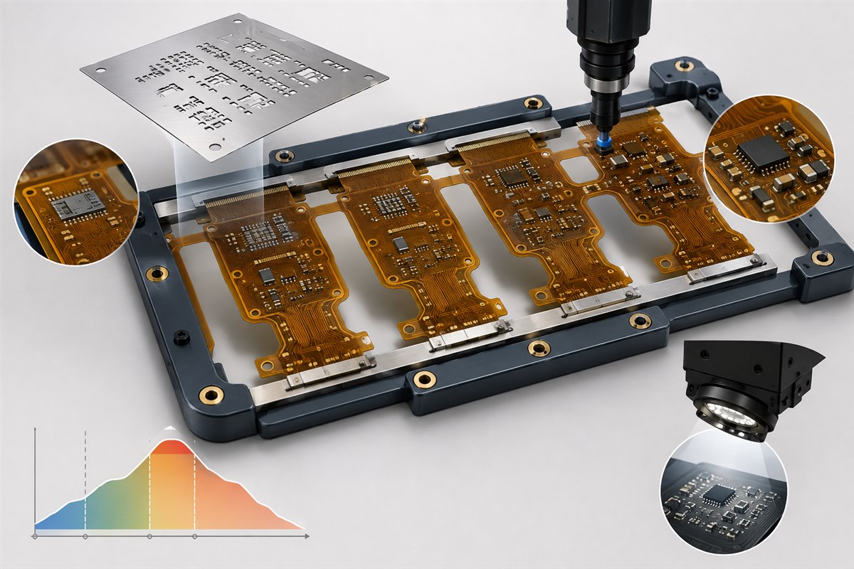 FPC assembly DFM with panelized flex circuits, carrier fixture, solder paste stencil, component placement, reflow profile, and AOI