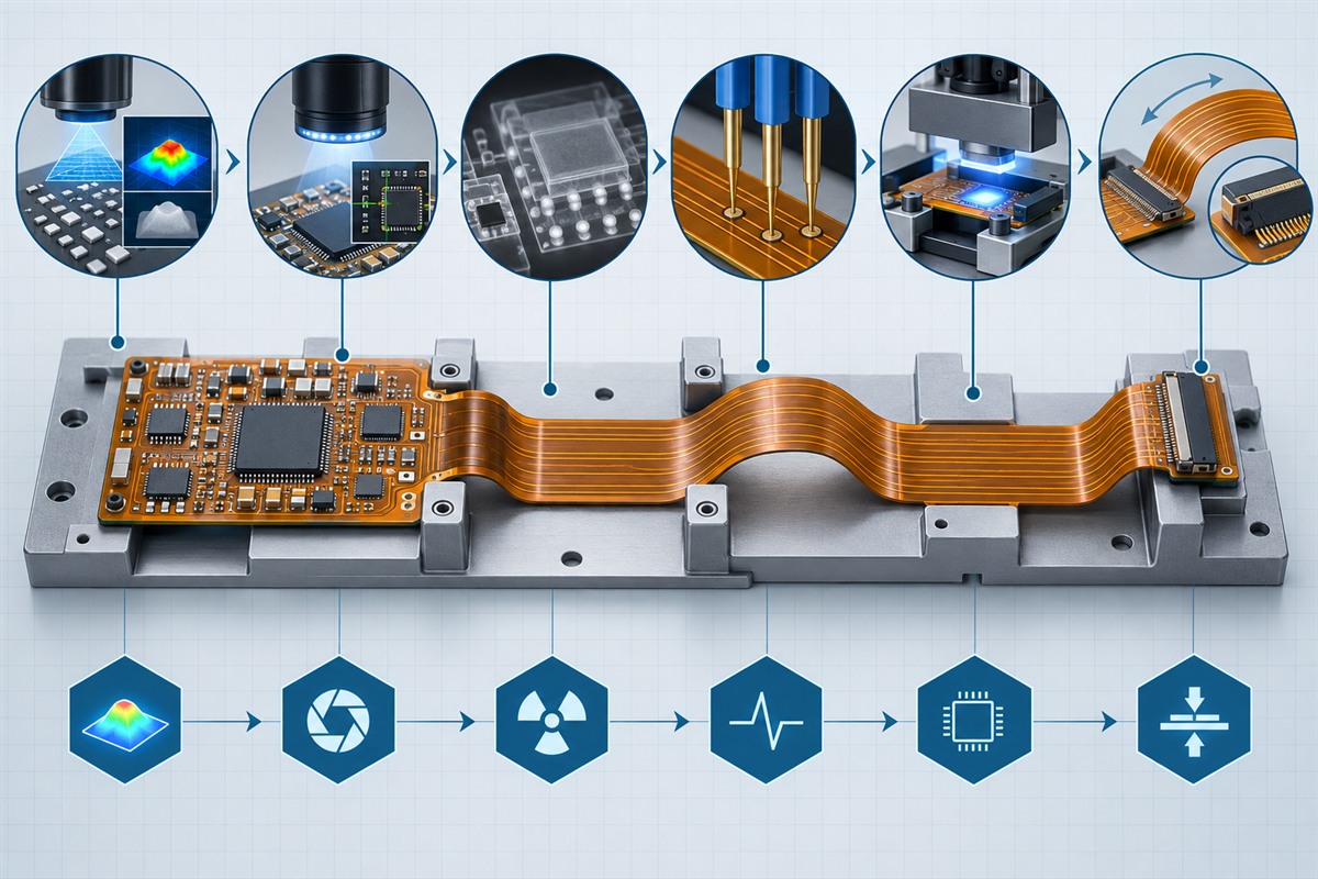 FPC assembly inspection workflow with solder paste inspection, AOI, X-ray, electrical test, functional test, and flex-area checks