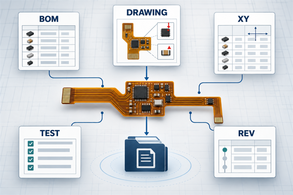 FPC assembly RFQ package showing BOM, pick-and-place data, assembly drawing, test requirements and revision control