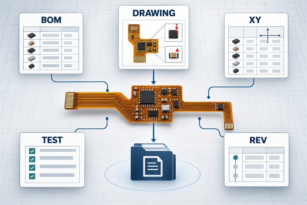 FPC assembly RFQ package showing BOM, pick-and-place data, assembly drawing, test requirements and revision control