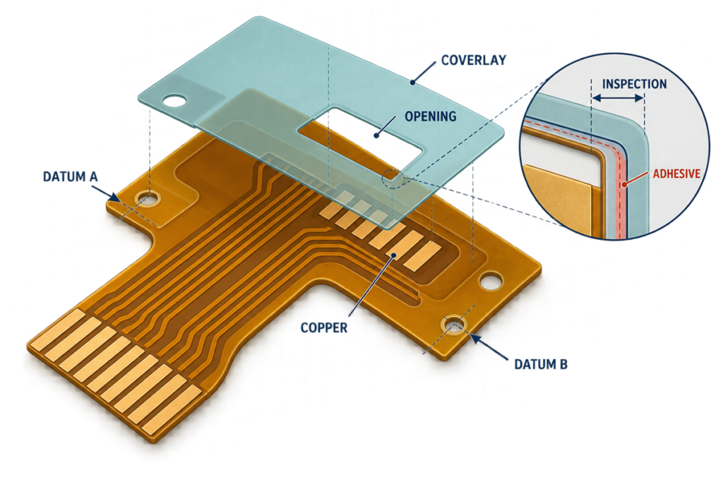 Conceptual FPC coverlay registration diagram showing opening, copper features, datums, adhesive flow and inspection reference