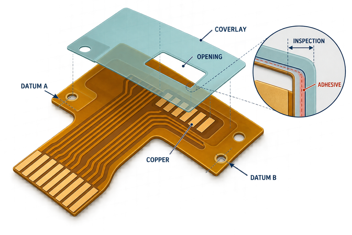 Conceptual FPC coverlay registration diagram showing opening, copper features, datums, adhesive flow and inspection reference