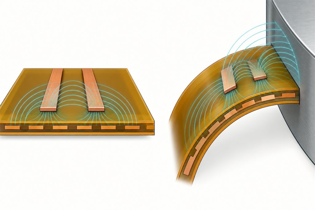 Conceptual comparison of a controlled-impedance FPC in flat and bent configurations with changing conductor, reference plane and enclosure proximity
