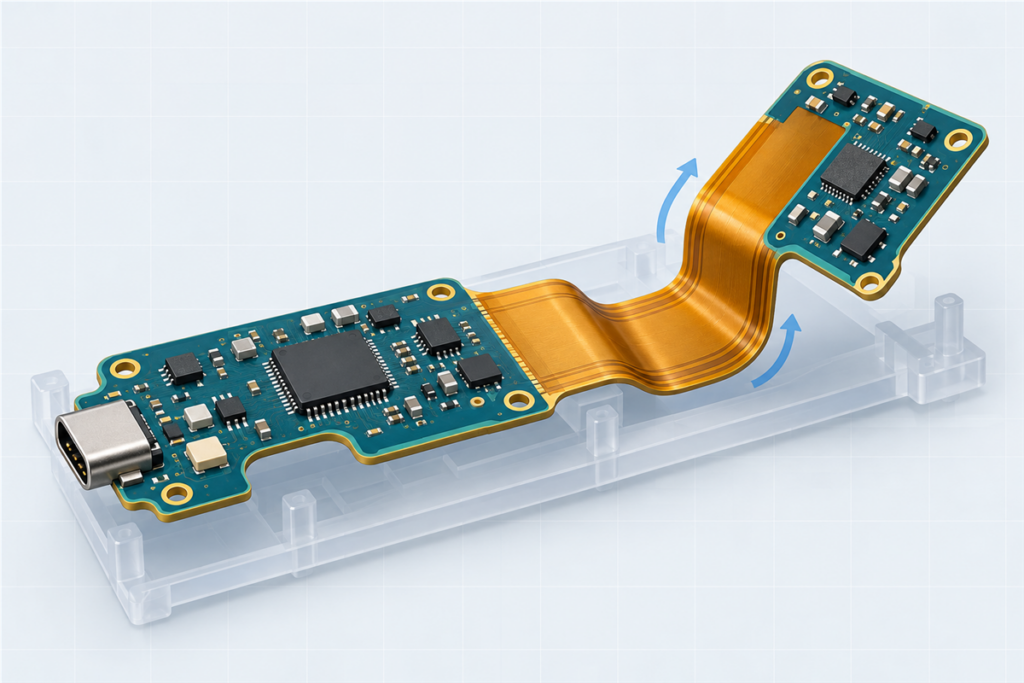 Rigid-flex PCB assembly with two populated rigid sections, clear flex bend zones, and a transparent process carrier