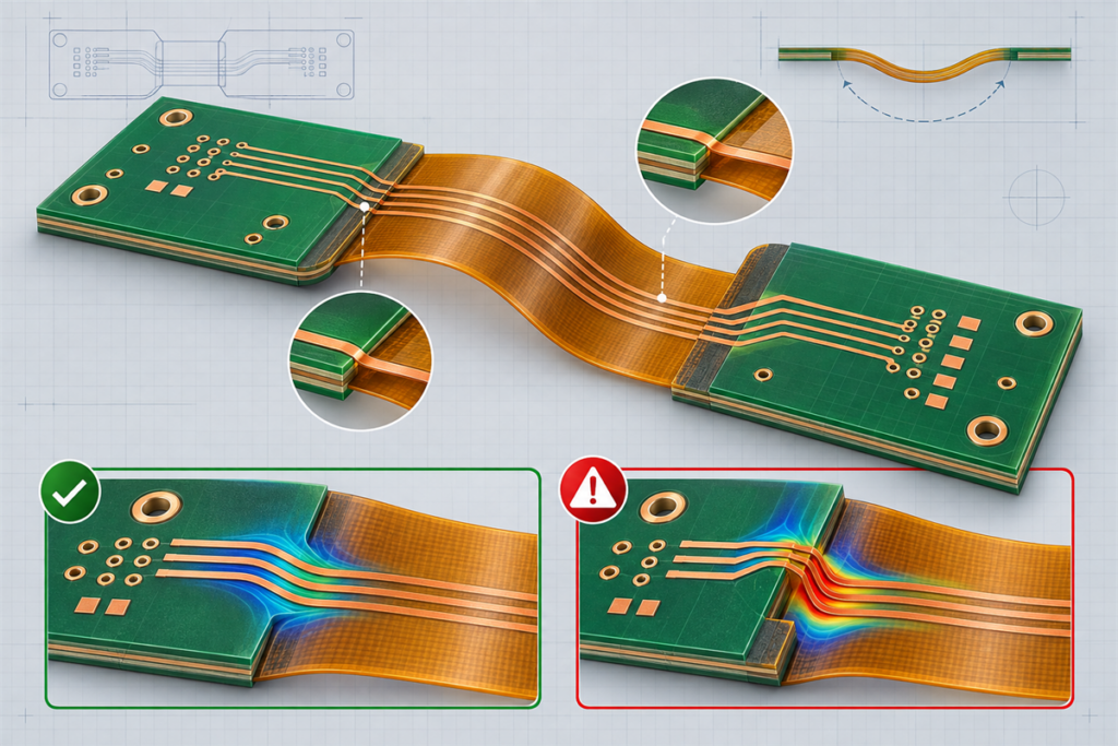 Rigid-flex transition zones with smooth copper routing and bend keepout